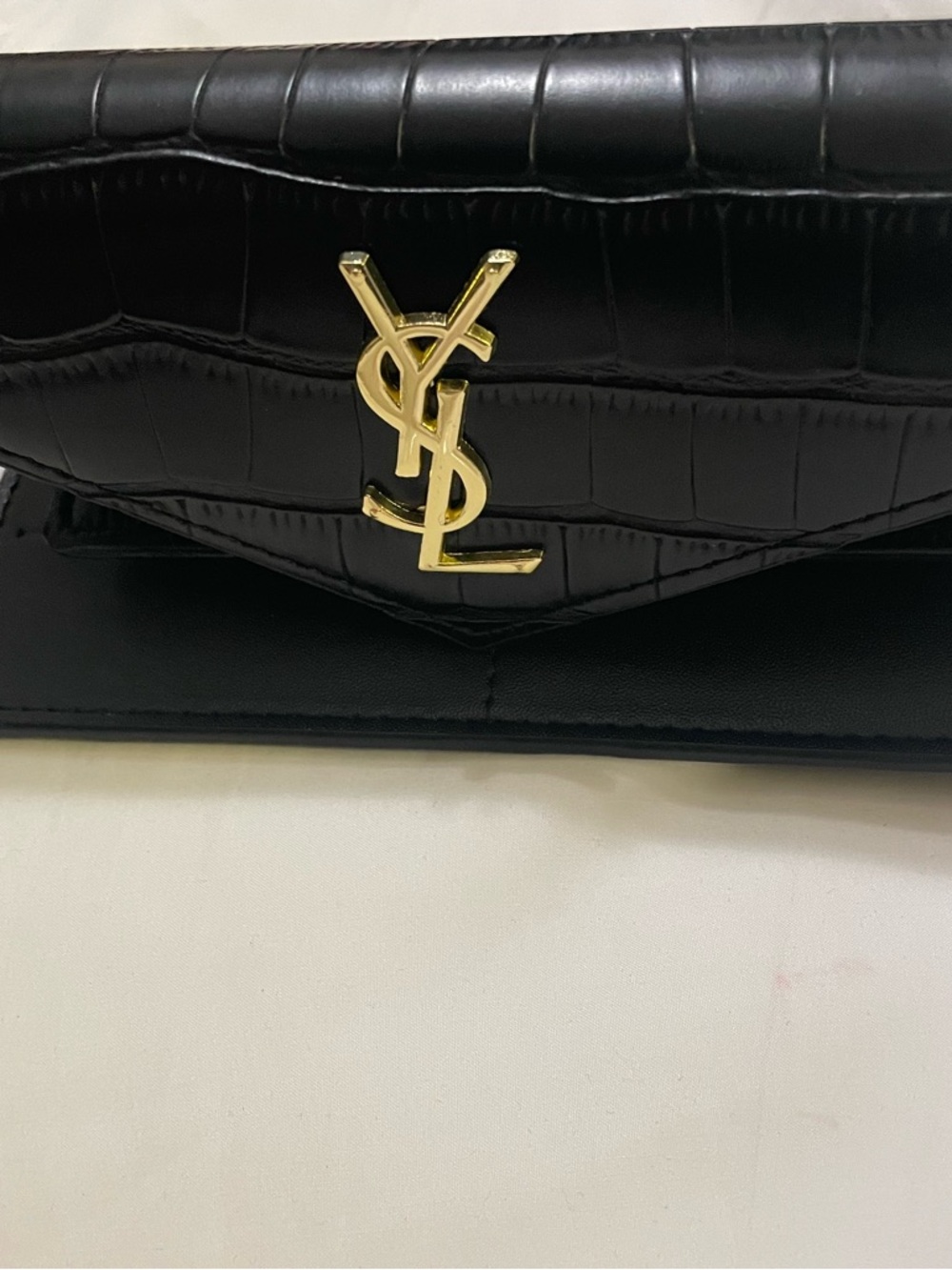 Yves Saint Laurent Black Croc-Embossed Envelope Wallet with Gold YSL Emblem - Picture 3 of 8